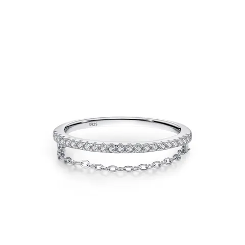 925 Sterling Zilver Zirconia Rij Diamant Ring Dubbellaagse Ketting Geometrische Mode Vingerring Voor Vrouwen Sieraden