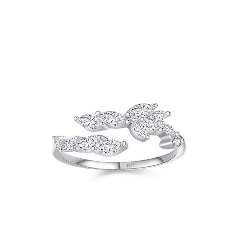 Anillo Abierto Ajustable de Plata de Ley 925 en Forma de Hoja Para Mujer Corte Marquesa Incrustado de Circonita Joyería de Moda