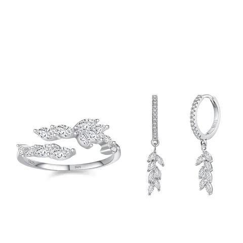 S925 Sterling Zilver Blad Sieradenset Marquise Zirconia Open Ring Creolen Voor Dames Mori Stijl Mode Sieraden