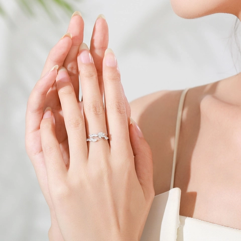Anillo Abierto Ajustable de Plata de Ley 925 en Forma de Hoja Para Mujer Corte Marquesa Incrustado de Circonita Joyería de Moda