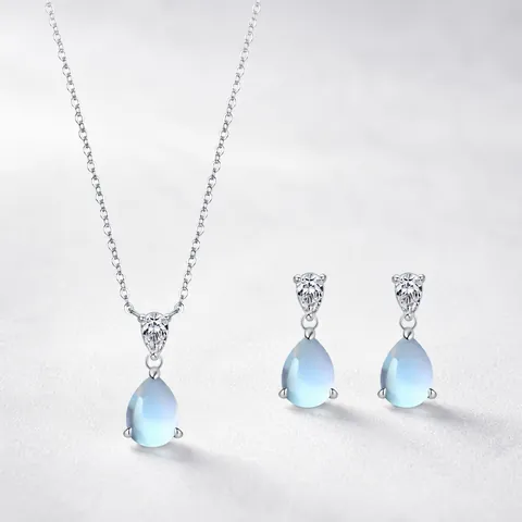 Juego de Joyas de Plata de Ley 925 Piedra de Luna para Mujer Elegante Collar con Colgante de Gota de Agua y Pendientes de Botón con Strass
