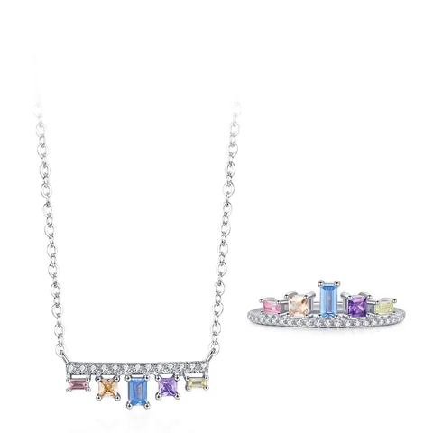 S925 Sterling Silver Multicolored Zirconia Jewelry Set Geometric Rectangle Crystal Pendant Necklace Rainbow Band Ring For Women