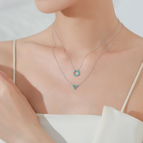 925 Sterling Silver Turquoise Geometric Pendant Necklace For Women Minimalist Circle Triangle Bar Design Temperament Jewelry Neck Chain