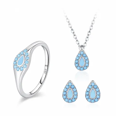 Juego de Joyas de Plata de Ley S925 Turquesa en Forma de Gota para Mujer Collar Con Colgante de Gota de Agua Anillo Pendientes de Botón