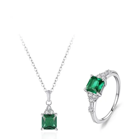 925 Sterling Silver Square Green Zirconia Jewelry Set For Women Luxurious Geometric Ring And Pendant Necklace Set Gift
