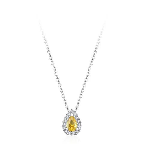 925 Sterling Silver Pear Cut Yellow Zirconia Pendant Necklace For Women Elegant Water Drop Halo Rhinestone Clavicle Chain