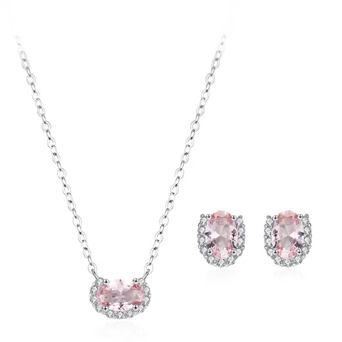 925 Sterling Silver Pink Oval Jewelry Set For Women Elegant Rhinestone Halo Pendant Necklace And Stud Earrings Gift