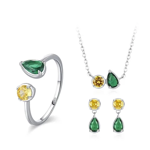 925 Sterlingsilber Geometrisches Schmuckset Für Damen Birne Grün Gelb Zirkonia Anhänger Halskette Ohrringe Verstellbarer Ring