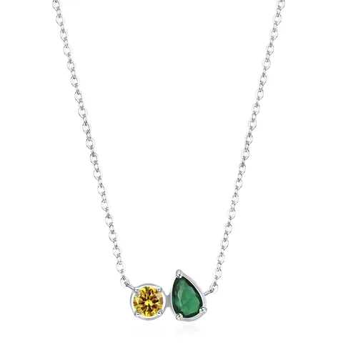 Collana con Ciondolo in Argento Sterling S925 Geometrico con Zirconia per Donna Pietra Gialla Rotonda e Verde a Goccia d'Acqua