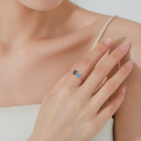 925 Sterling Silver Open Ring For Women Adjustable Geometric Blue Zirconia Inlaid Minimalist Fashion Jewelry Elegant Finger Ring