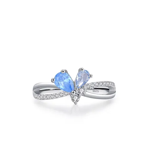 925 Sterling Silver Bowknot Ring For Women Blue Zirconia Inlaid Sweet Style Cross Band Fashion Fine Finger Jewelry Gift