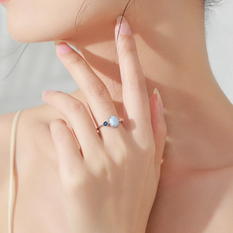 Eleganter 925 Sterlingsilber Blau Opal Ring Für Damen Mode Rund Oval Eingelegt Strass Zierlicher Geometrischer Fingerschmuck
