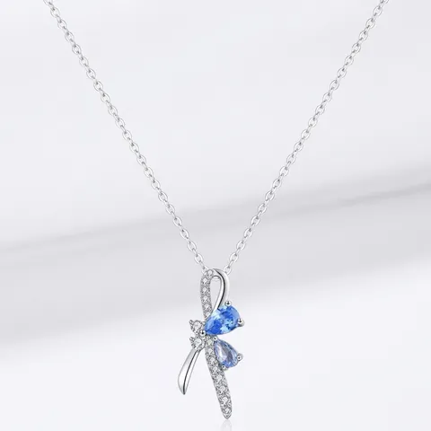 925 Sterling Silver Bow Ribbon Pendant Necklace For Women Elegant Blue Rhinestone Inlaid Clavicle Chain Jewelry Gift
