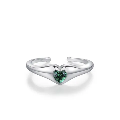 Anello Aperto a Cuore in Argento Sterling S925 Zirconia Verde per Donna Elegante Romantico Anello Regolabile Gioielli