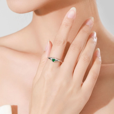 Anello Aperto a Cuore in Argento Sterling S925 Zirconia Verde per Donna Elegante Romantico Anello Regolabile Gioielli
