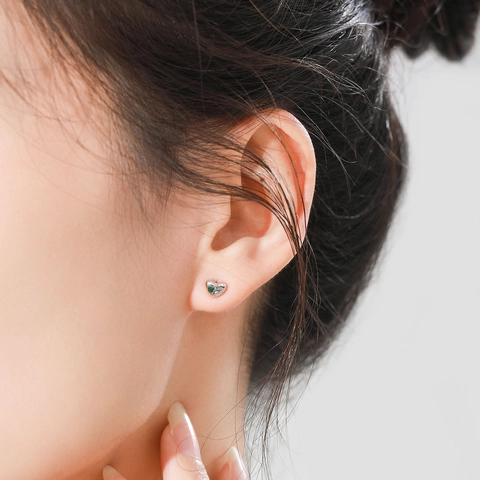 Pendientes de Botón de Plata de Ley S925 Con Circonia de Corazón Verde Pequeña Joyería de Moda Elegante Con Forma de Corazón Mujer