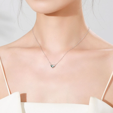 925 Sterling Silver Green Heart Jewelry Set Minimalist Zirconia Heart Pendant Necklace Small Stud Earrings For Women Jewelry