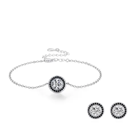 925 Sterling Silver Black White Zirconia Jewelry Set Vintage Halo Round Stud Earrings Bracelet For Women Punk Jewelry