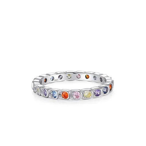 S925 Sterling Silver Rainbow Zirconia Ring For Women Dainty Multi Color Pave Inlaid Eternity Band Finger Ring Jewelry Gift
