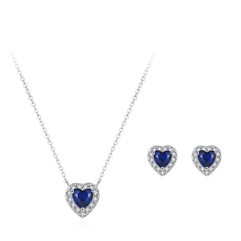 Set di Gioielli a Cuore in Argento Sterling 925 Vintage Collana e Orecchini a Bottone Cuore dell'Oceano in Zirconia Blu Profondo per Donna