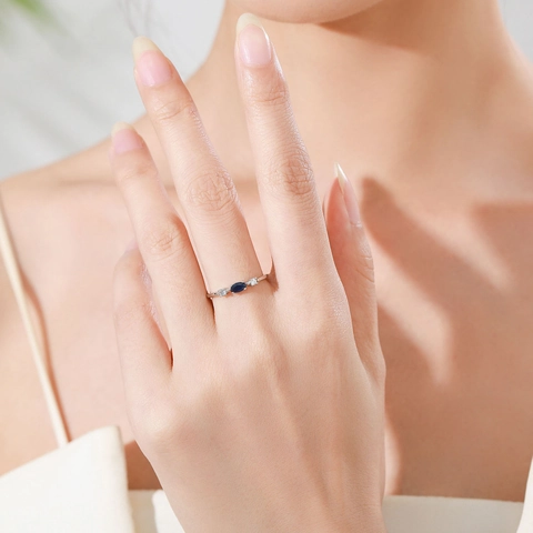 925 Sterling Silver Blue Sapphire Zirconia Ring For Women Retro Niche Design Stackable Geometric Finger Ring Jewelry Gift