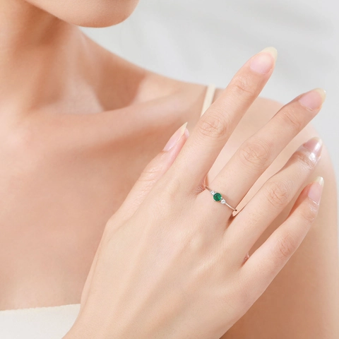 S925 Sterling Silver Emerald Green Round Zirconia Ring Elegant Geometric Inlaid Finger Ring Light Luxury Jewelry For Women