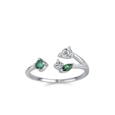 S925 Sterling Silver Branch Leaf Open Ring For Women Minimalist Adjustable Green White Zirconia Inlaid Forest Style Jewelry