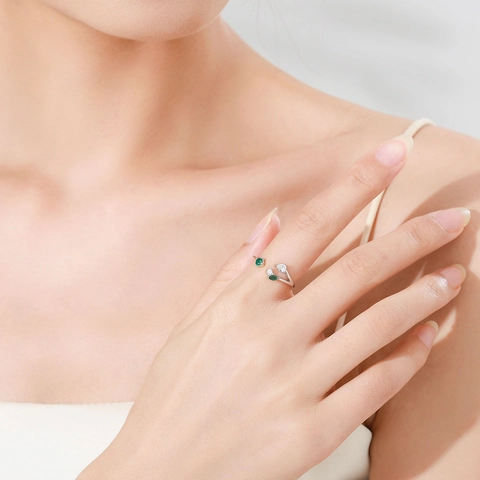 S925 Sterling Silver Branch Leaf Open Ring For Women Minimalist Adjustable Green White Zirconia Inlaid Forest Style Jewelry