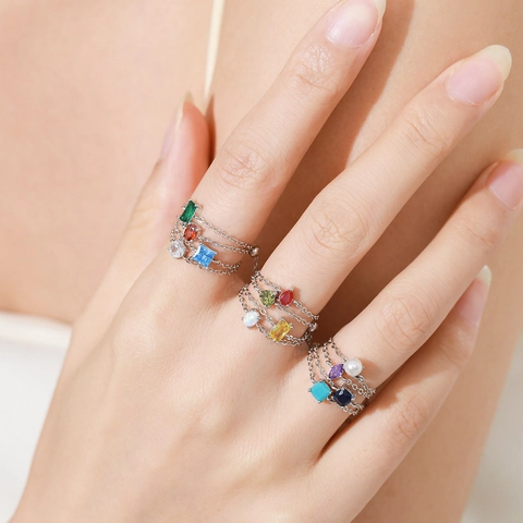925 Sterlingsilber Verstellbarer Kettenring Für Damen Persönlichkeit Stapelbar Strass Künstliche Perle Geburtsstein Ring Schmuck Geschenk