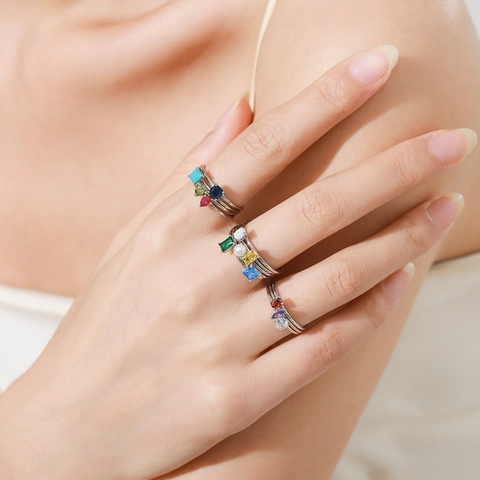 Anello Regolabile con Pietra Natale in Argento Sterling 925 per Donna Anello Aperto Minimalista in Strass Regalo Gioielli Compleanno