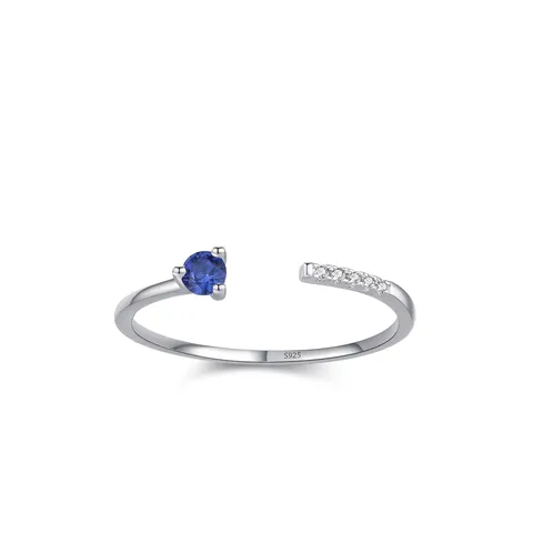 925 Sterling Silver Adjustable Open Ring Minimalist Blue Round Zirconia Inlaid White Rhinestone Finger Ring For Women Jewelry