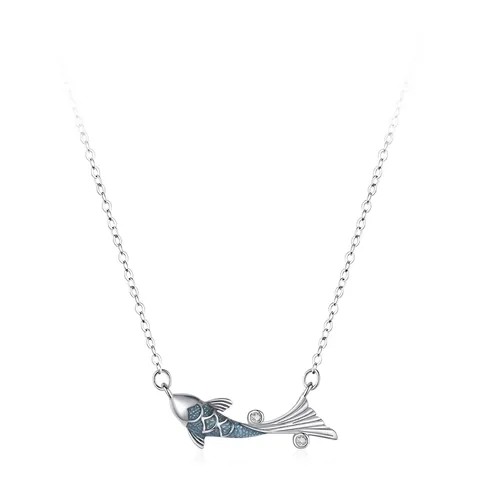 Collana con Ciondolo Pesce Koi Fortunato in Argento Sterling 925 per Donna Gioielli Retrò Smalto Blu Zirconia Stile Cinese