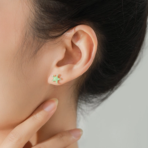 Pendientes de Botón de Estrella de Mar en Plata de Ley 925 Verde Menta para Mujer Chapado en Oro Esmalte Estrella de Mar Joyas