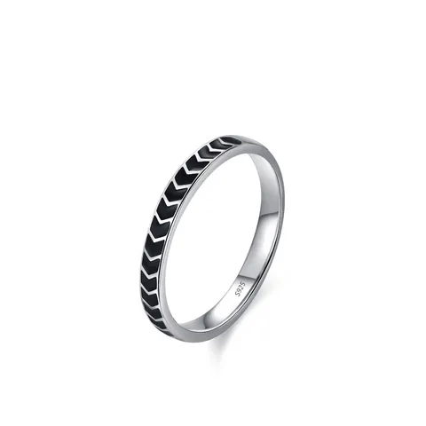 Minimalist S925 Sterling Silver Ring Retro Black Chevron Pattern Adjustable Band Punk Style Geometric Finger Jewelry For Women Men