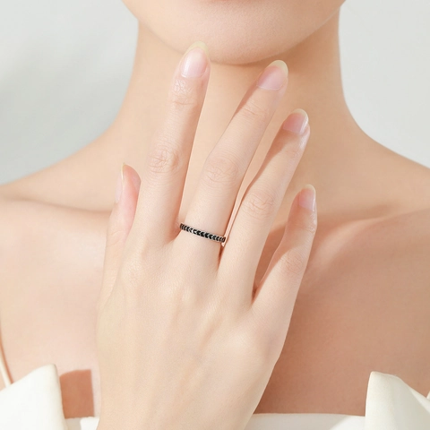 Minimalist S925 Sterling Silver Ring Retro Black Chevron Pattern Adjustable Band Punk Style Geometric Finger Jewelry For Women Men