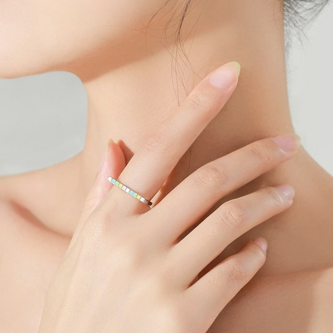 Bague en Forme de U en Argent Sterling S925 Émail Arc-en-ciel pour Femmes Style Mosaïque Multicolore Bijoux de Mode