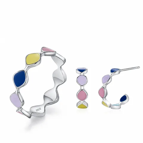 S925 Sterlingsilber Regenbogen Emaille Schmuckset Für Damen Süßer Wellenförmiger Ring Und C-Förmige Creolen Ohrstecker Buntes Dopamin Design