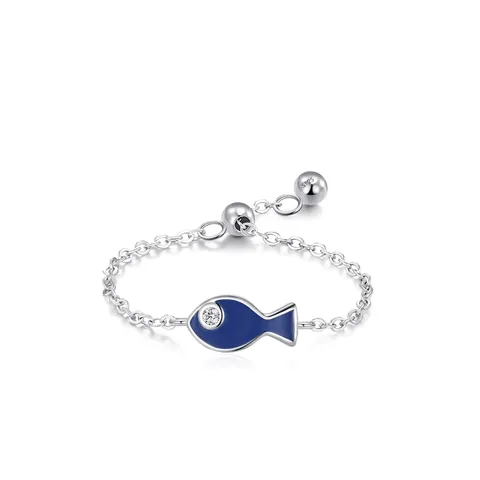 Bague Chaîne en Argent Sterling S925 Mignon Poisson Émail Bleu Pour Femme Ajustable Oeil en Strass Bijoux de Mode Cadeau