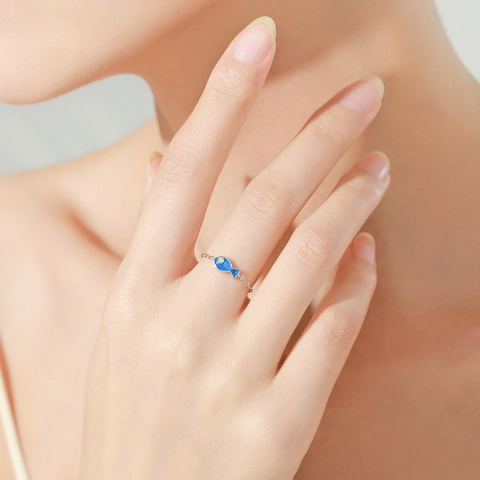 Bague Chaîne en Argent Sterling S925 Mignon Poisson Émail Bleu Pour Femme Ajustable Oeil en Strass Bijoux de Mode Cadeau