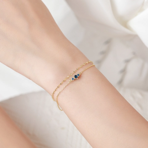 Bracciale Doppio Strato in Argento Sterling 925 Con Zirconia Blu per Donna Placcato Oro Catena Geometrica Circolare Gioielli di Moda Regalo