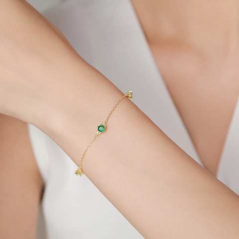 Elegant 925 Sterling Silver Gold Plated Zirconia Bracelet For Women Adjustable Round Green Yellow Stone Link Chain Jewelry