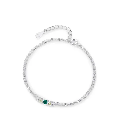 Pulsera de Doble Capa de Plata de Ley 925 Para Mujer Elegante Circonia Verde Incrustada Joyería de Cadena Ajustable Regalo de Cumpleaños
