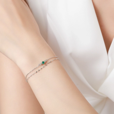Pulsera de Doble Capa de Plata de Ley 925 Para Mujer Elegante Circonia Verde Incrustada Joyería de Cadena Ajustable Regalo de Cumpleaños