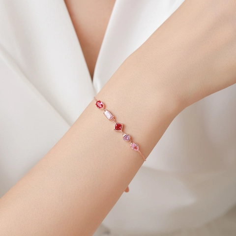 Sweet 925 Sterling Silver Rose Gold Bracelet For Women Multi Colored Zirconia Inlaid Geometric Shape Bracelet Fashion Jewelry Gift