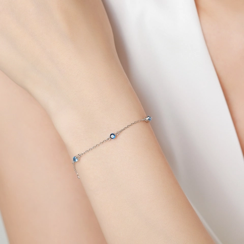 Vintage 925 Sterling Silver Blue Zirconia Bracelet For Women Retro Geometric Round Inlaid Jewelry Daily Commuting Hand Chain