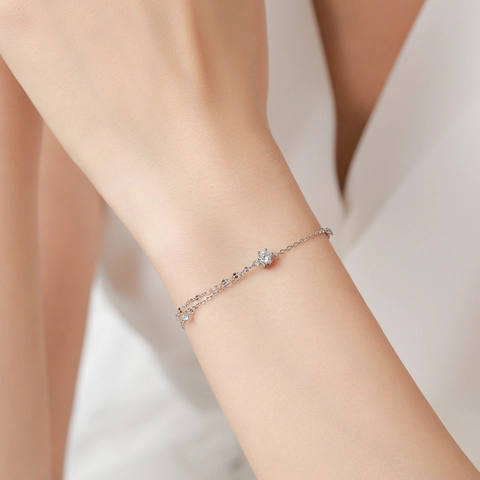 Bracciale in Argento Sterling 925 a Doppio Strato per Donna Con Zirconia Tonda Intarsiata Minimalista Design di Nicchia