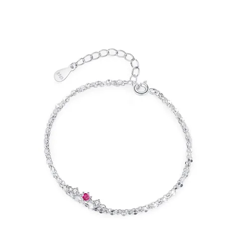 Bracciale a Doppio Strato in Argento Sterling 925 per Donna Zirconia Rosso Rosa Minimalista Regolabile Catena Sottile Gioielli
