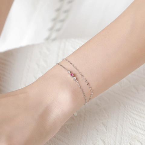Bracciale a Doppio Strato in Argento Sterling 925 per Donna Zirconia Rosso Rosa Minimalista Regolabile Catena Sottile Gioielli