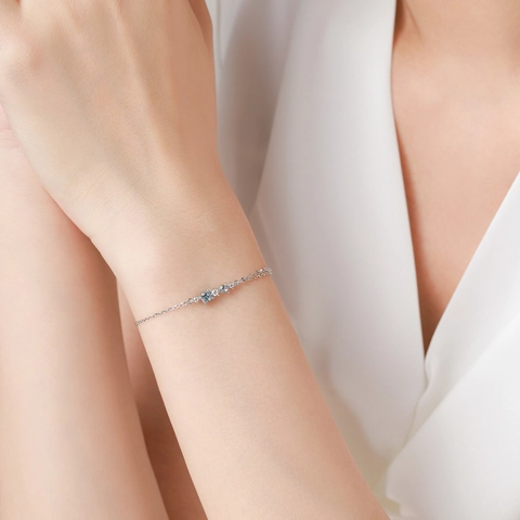 Minimalist S925 Sterling Silver Ice Blue Zirconia Bracelet For Women Fashion Double Layer Design Adjustable Thin Chain Jewelry