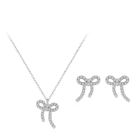 925 Sterling Silver Bow-knot Jewelry Set For Women Shiny Zirconia Pave Necklace Earrings Sweet Fashion High-end Party Jewelry